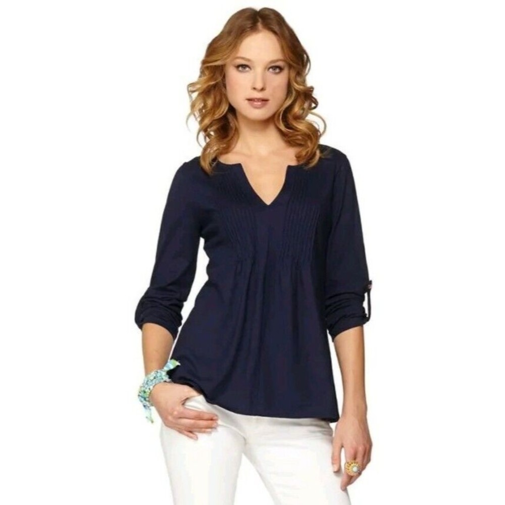 Lilly Pulitzer Braylen Tab Sleeve Tunic Navy Pleated Top, Size Medium